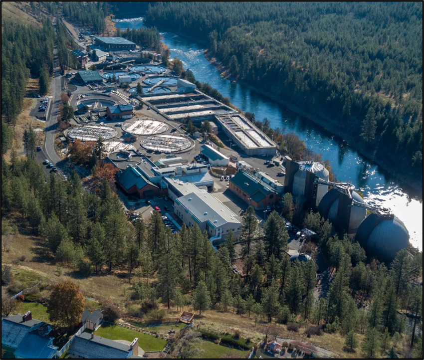 aerial view of Spokane Wastewater Treatment Facility next to the Spokane River